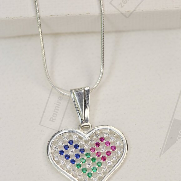 925 Sterling Silver Multicolor Heart Pendant with Chain • 18" Snake Necklace. - Picture 3 of 7
